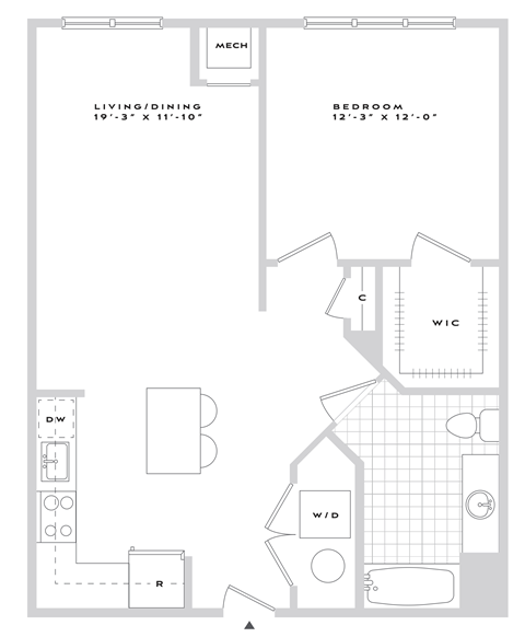 Floor plan for 1 bed, 1 bath, 775 sqft