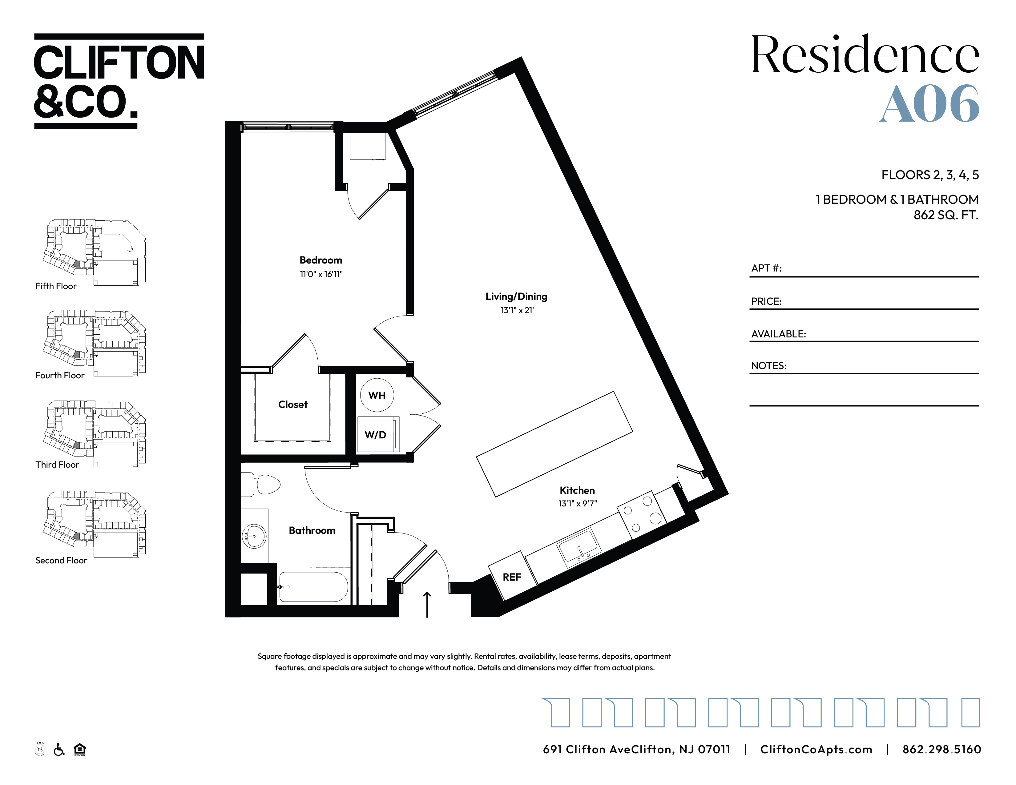 Floor plan for 1 bed, 1 bath, 862 sqft