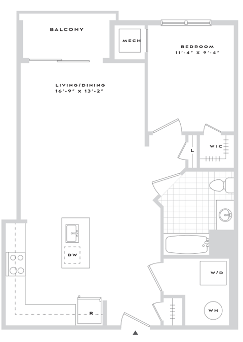 Floor plan for 1 bed, 1 bath, 766 sqft