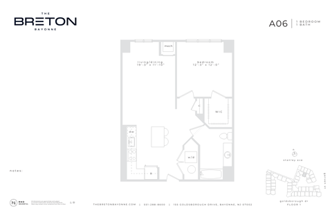 Floor plan for 1 bed, 1 bath, 775 sqft