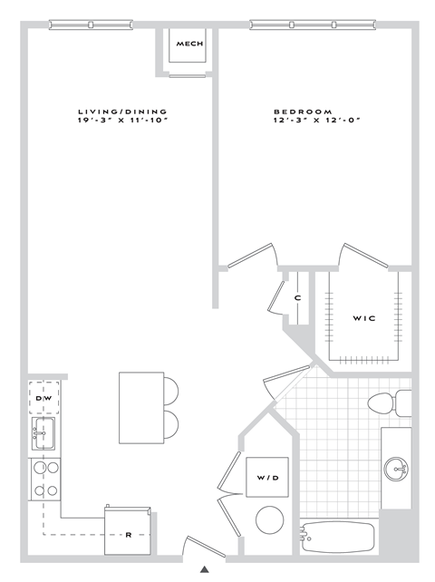 Floor plan for 1 bed, 1 bath, 859 sqft