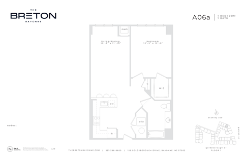 Floor plan for 1 bed, 1 bath, 859 sqft