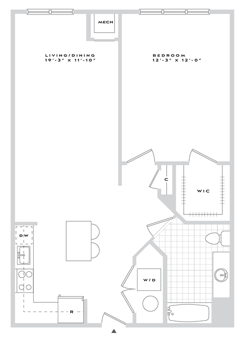 Floor plan for 1 bed, 1 bath, 900 sqft
