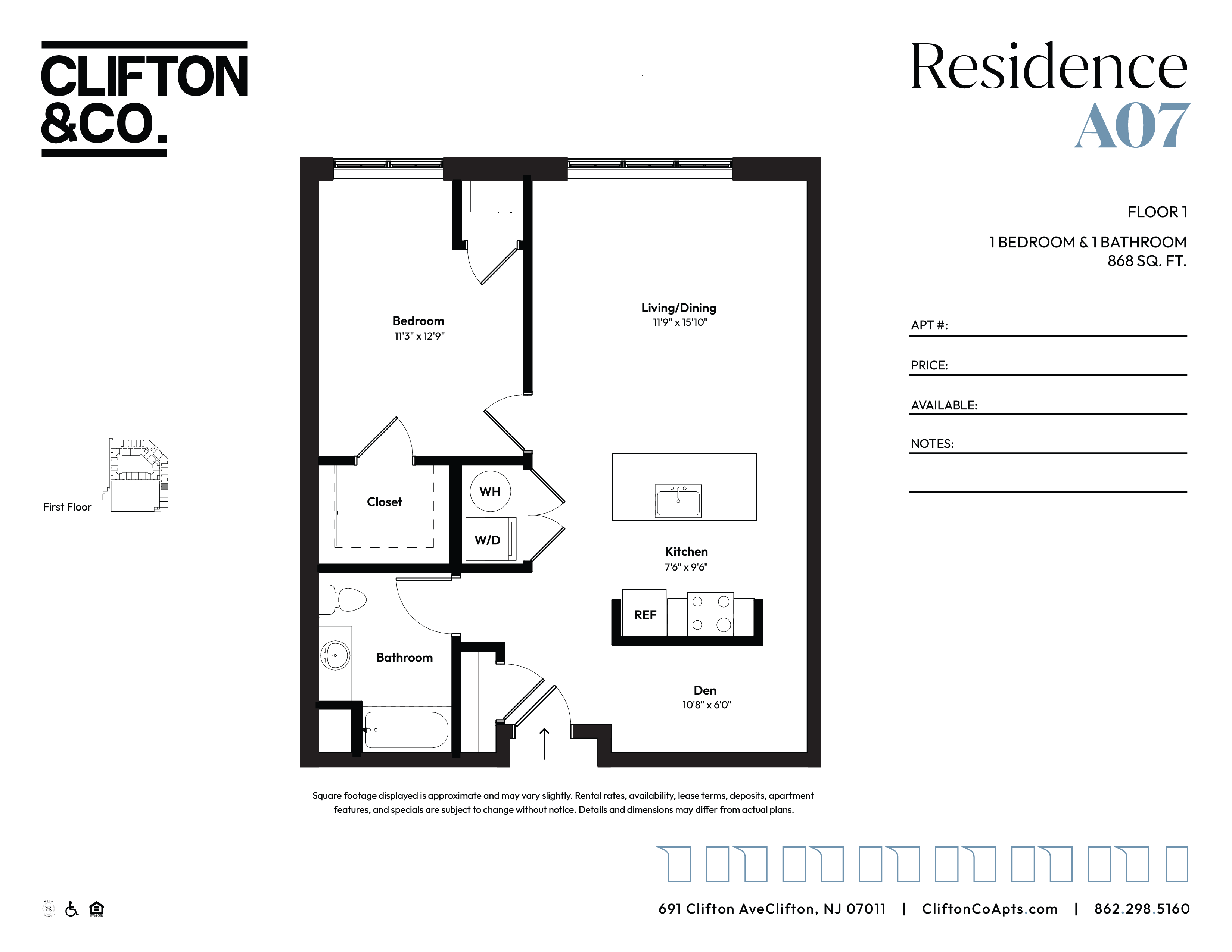 Floor plan for 1 bed, 1 bath, 868 sqft