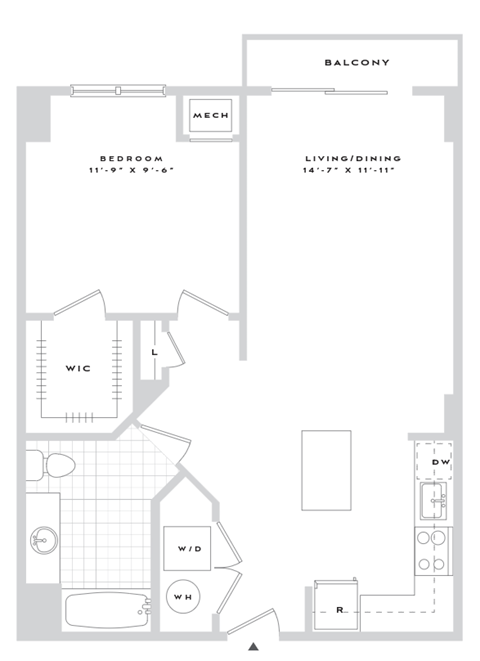 Floor plan for 1 bed, 1 bath, 777 sqft