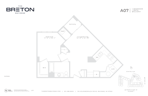 Floor plan for 1 bed, 1 bath, 786 sqft
