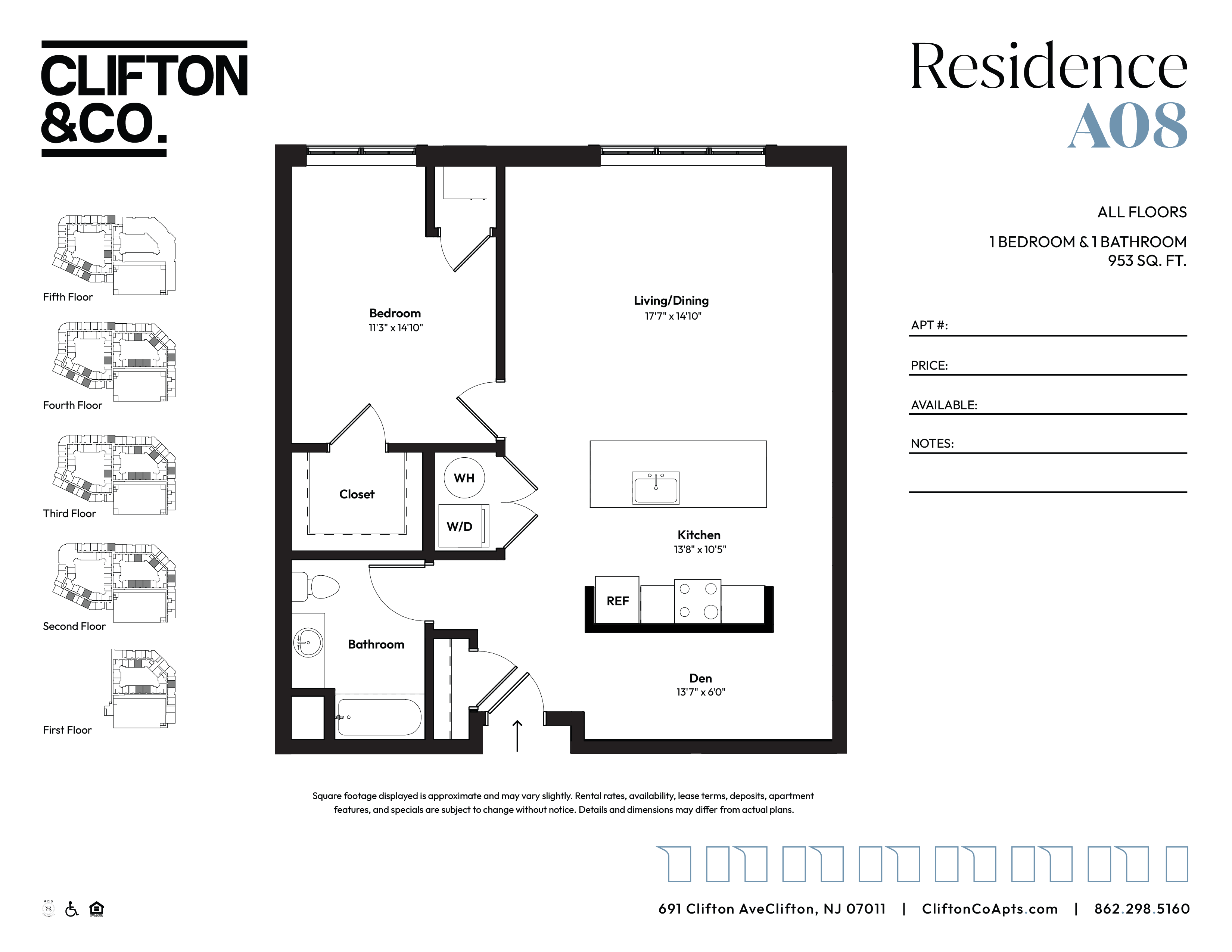 Floor plan for 1 bed, 1 bath, 953 sqft