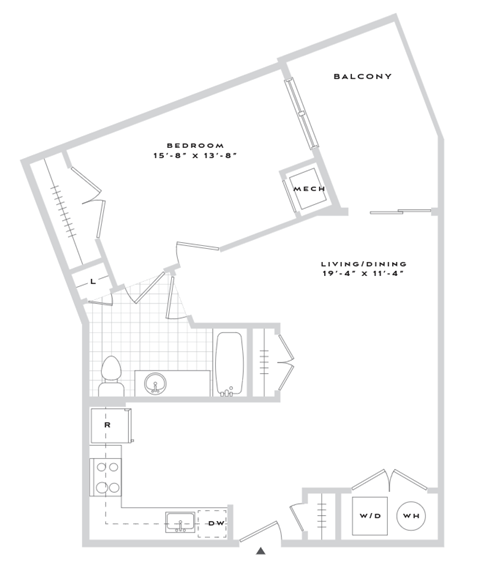 Floor plan for 1 bed, 1 bath, 779 sqft