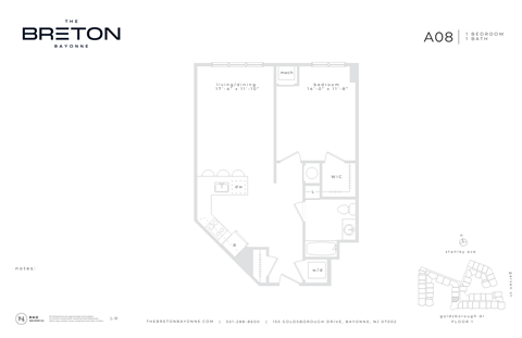 Floor plan for 1 bed, 1 bath, 800 sqft