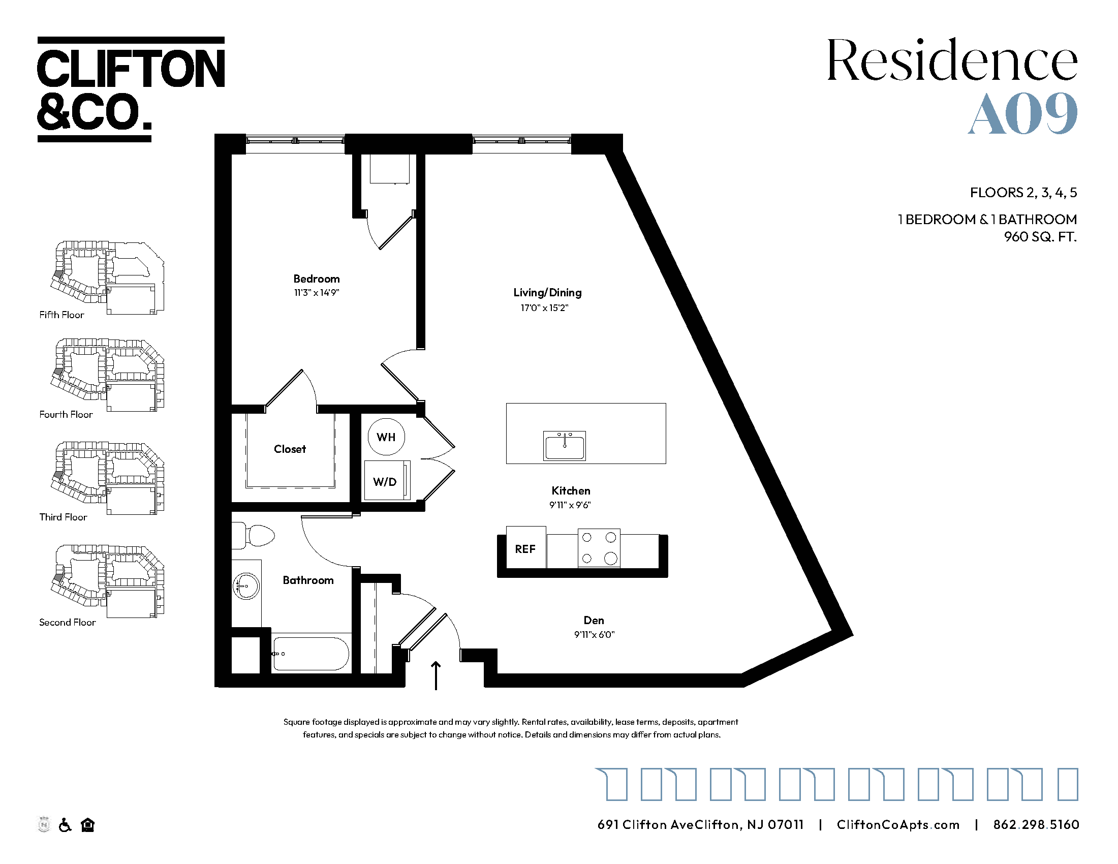 Floor plan for 1 bed, 1 bath, 960 sqft
