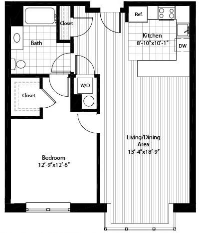 Floor plan for 1 bed, 1 bath, 843 sqft