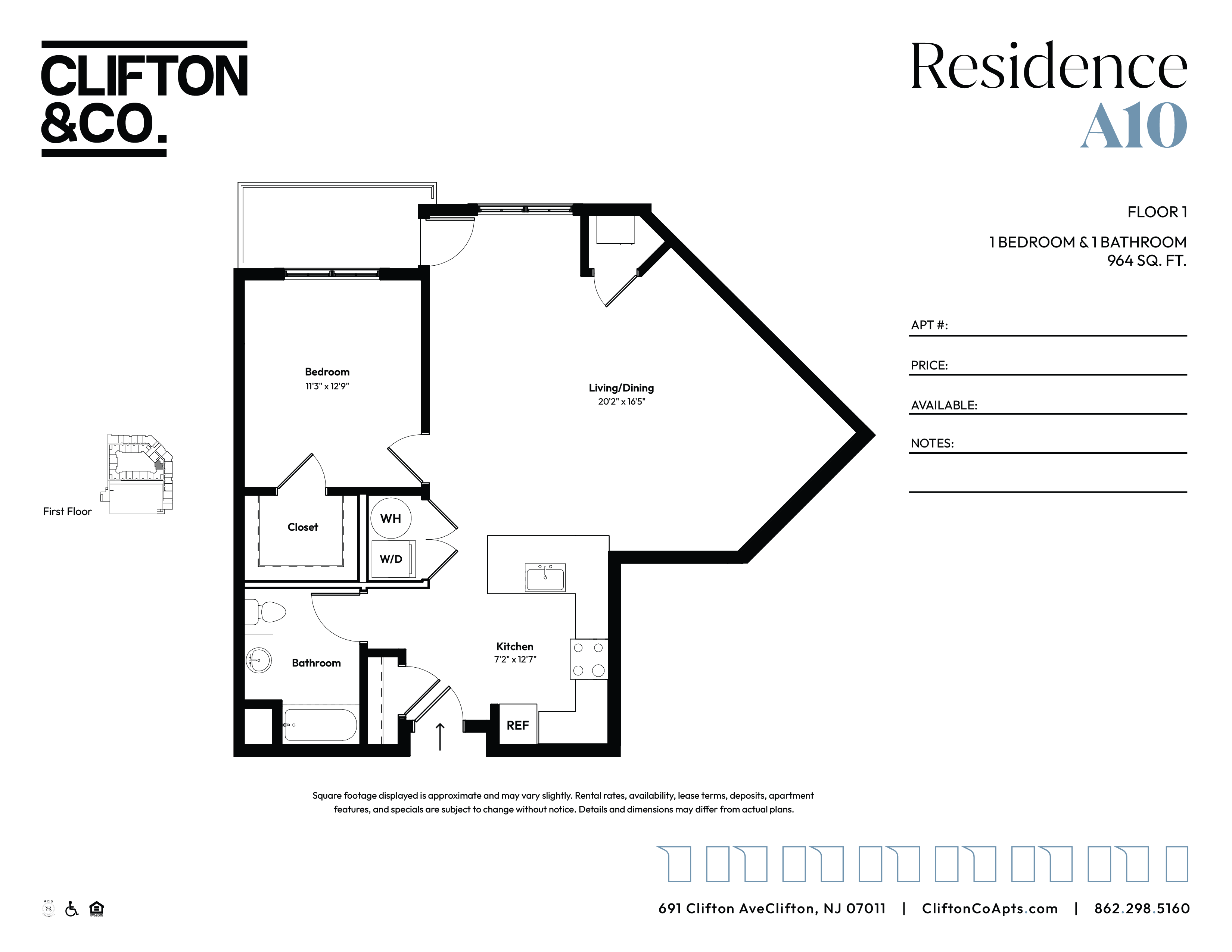 Floor plan for 1 bed, 1 bath, 964 sqft
