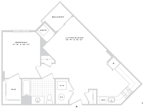 Floor plan for 1 bed, 1 bath, 788 sqft