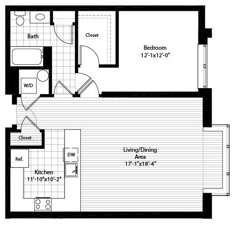 Floor plan for 1 bed, 1 bath, 915 sqft
