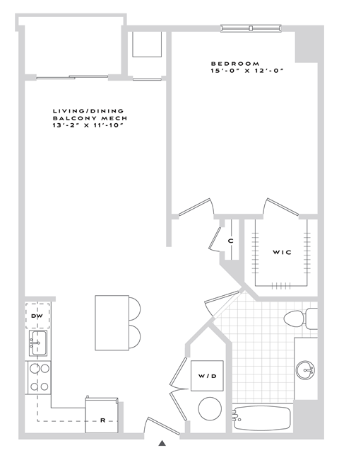 Floor plan for 1 bed, 1 bath, 817 sqft
