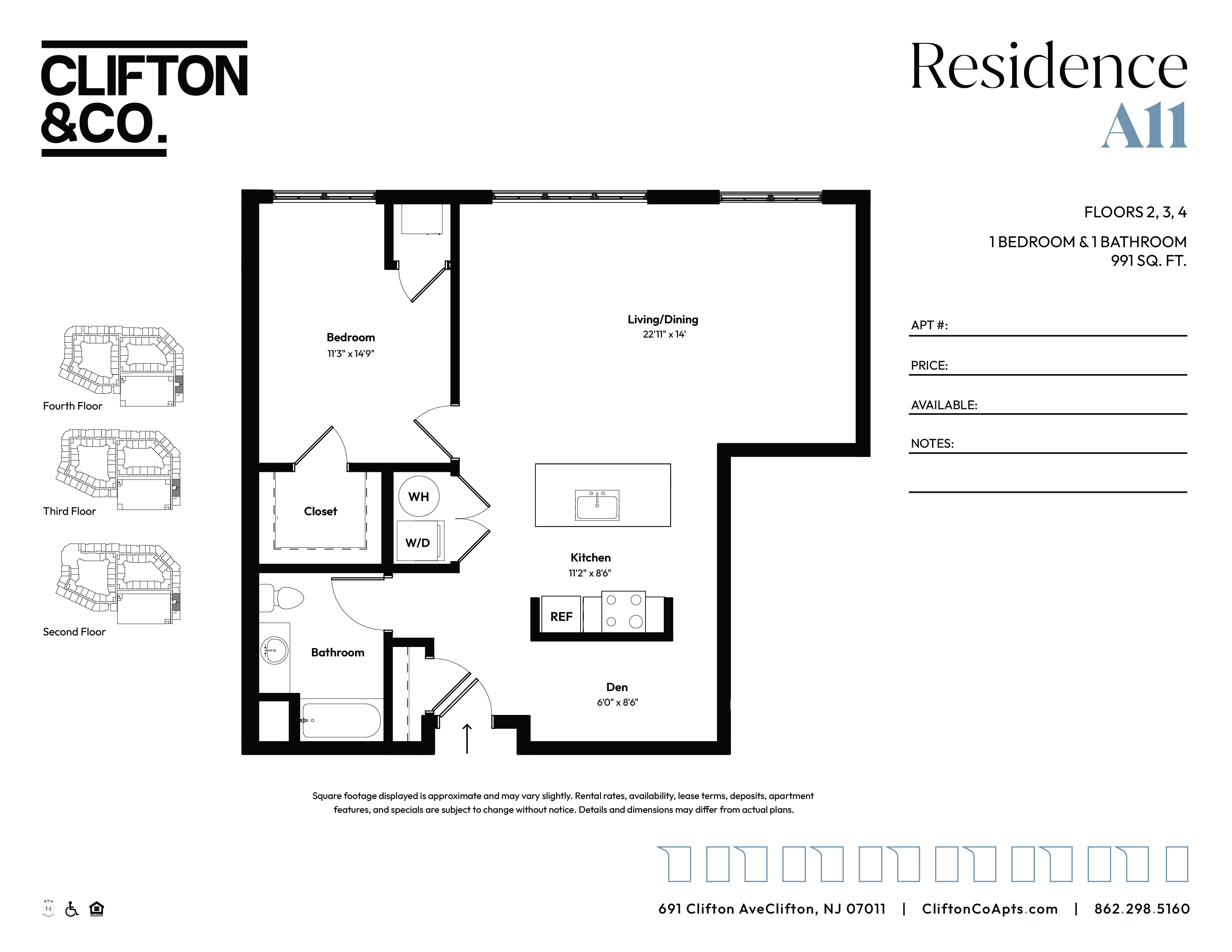 Floor plan for 1 bed, 1 bath, 991 sqft