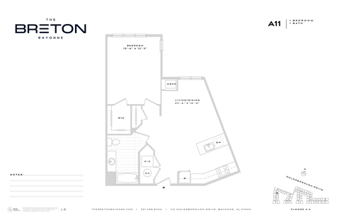 Floor plan for 1 bed, 1 bath, 789 sqft
