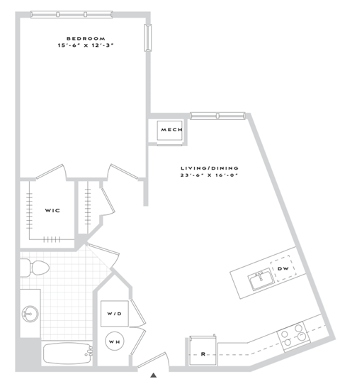 Floor plan for 1 bed, 1 bath, 789 sqft