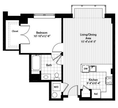 Floor plan for 1 bed, 1 bath, 723 sqft