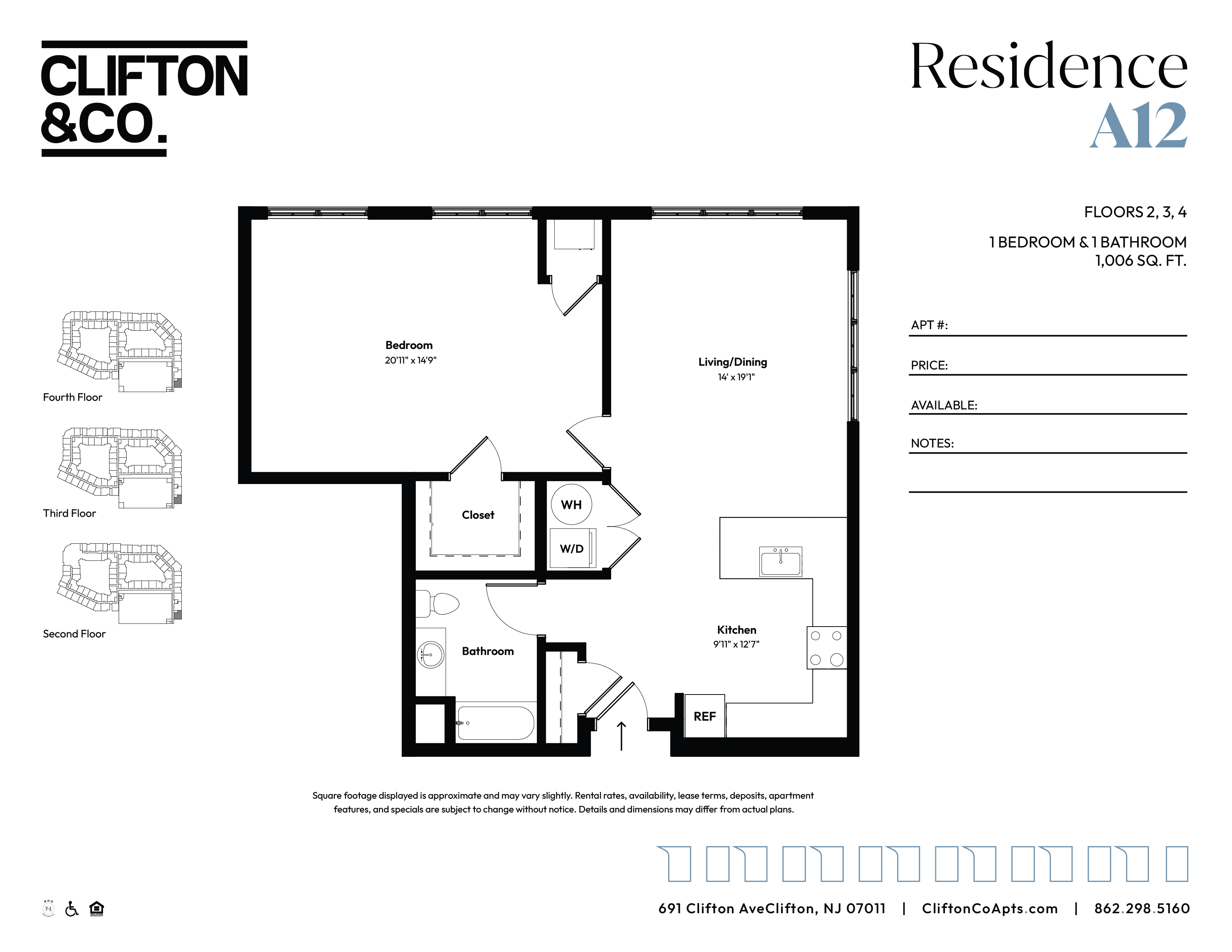 Floor plan for 1 bed, 1 bath, 1006 sqft