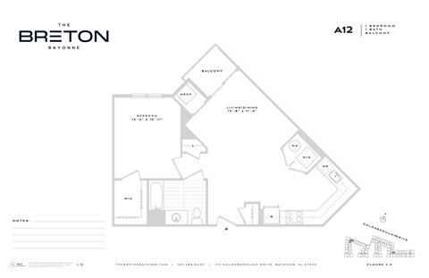 Floor plan for 1 bed, 1 bath, 791 sqft