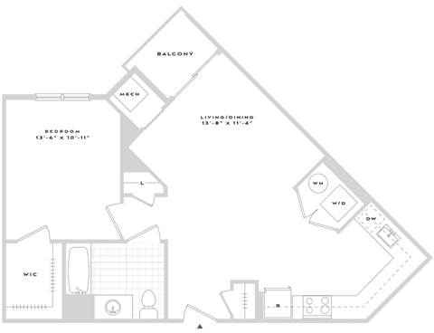 Floor plan for 1 bed, 1 bath, 791 sqft
