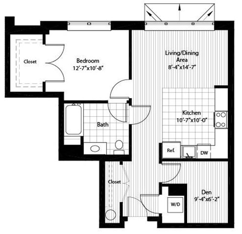 Floor plan for 1 bed, 1 bath, 771 sqft