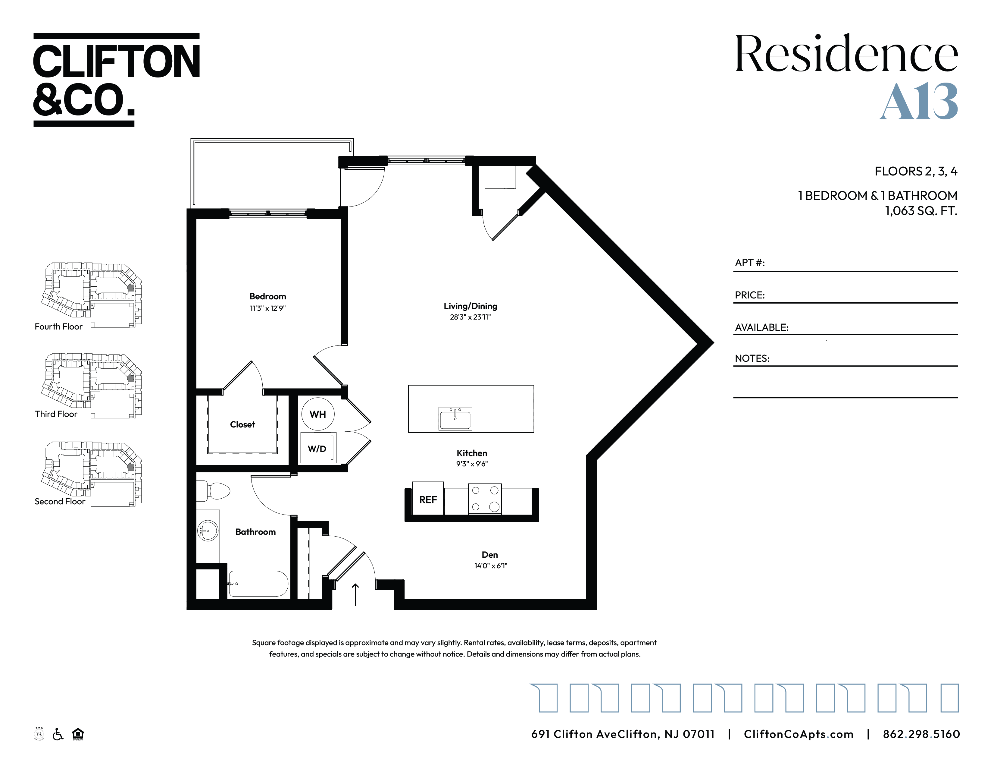 Floor plan for 1 bed, 1 bath, 1063 sqft
