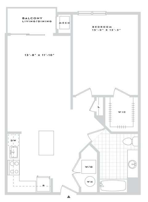 Floor plan for 1 bed, 1 bath, 826 sqft