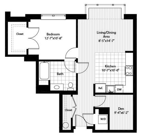 Floor plan for 1 bed, 1 bath, 806 sqft