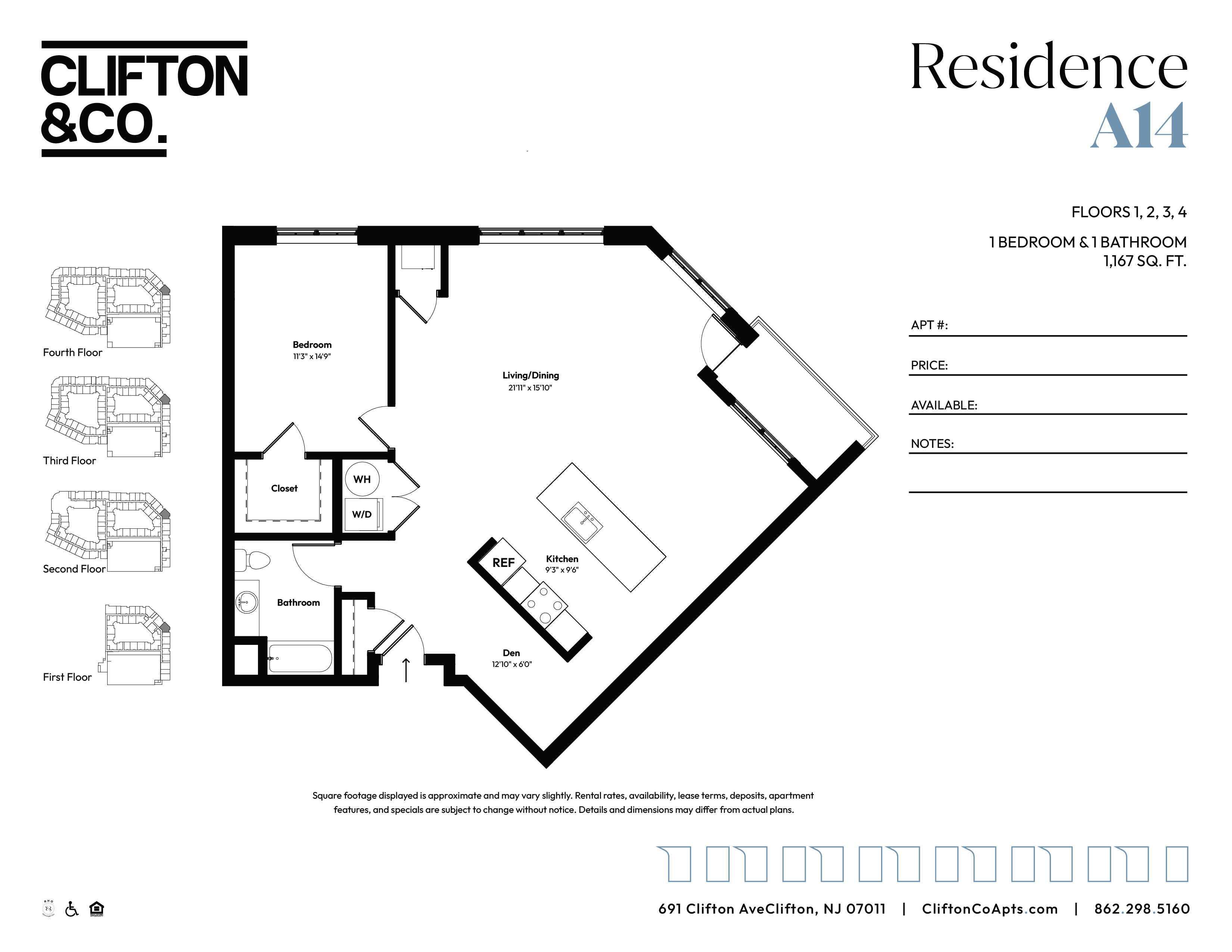 Floor plan for 1 bed, 1 bath, 1167 sqft