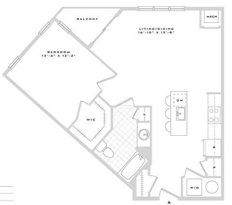 Floor plan for 1 bed, 1 bath, 838 sqft
