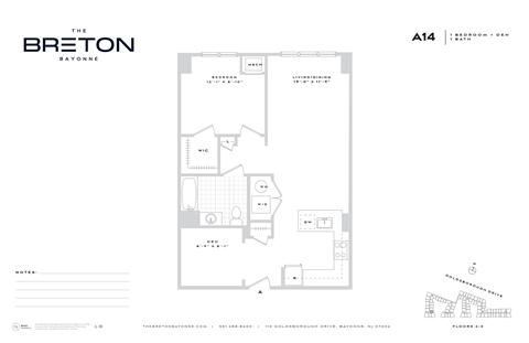 Floor plan for 1 bed, 1 bath, 857 sqft
