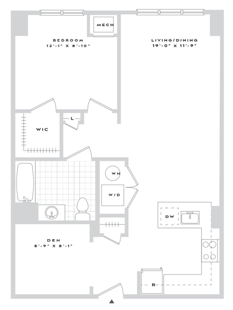 Floor plan for 1 bed, 1 bath, 857 sqft