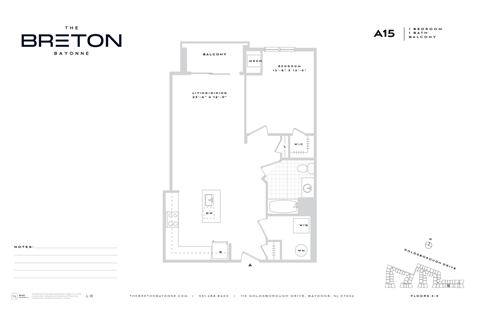 Floor plan for 1 bed, 1 bath, 822 sqft