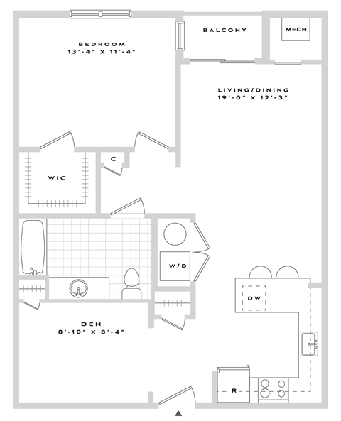 Floor plan for 1 bed, 1 bath, 888 sqft