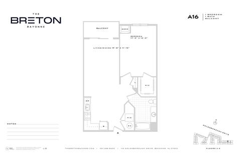 Floor plan for 1 bed, 1 bath, 848 sqft