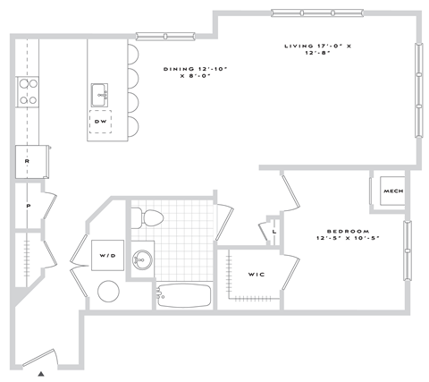 Floor plan for 1 bed, 1 bath, 898 sqft
