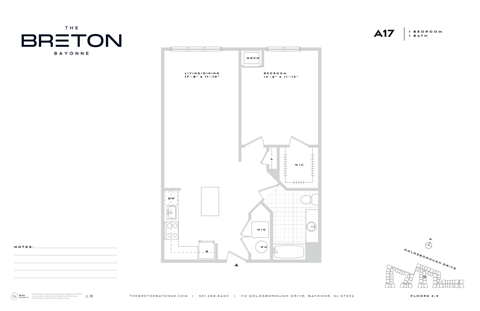 Floor plan for 1 bed, 1 bath, 857 sqft
