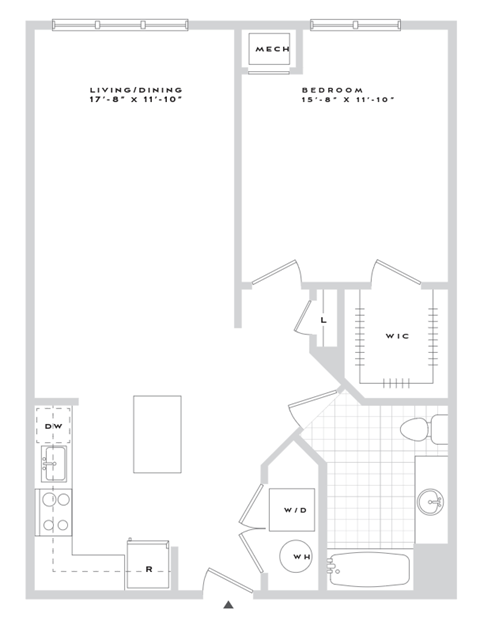 Floor plan for 1 bed, 1 bath, 857 sqft