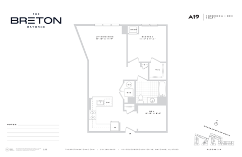 Floor plan for 1 bed, 1 bath, 870 sqft