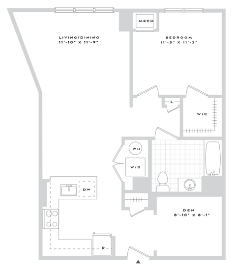 Floor plan for 1 bed, 1 bath, 870 sqft