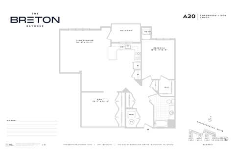 Floor plan for 1 bed, 1 bath, 1019 sqft