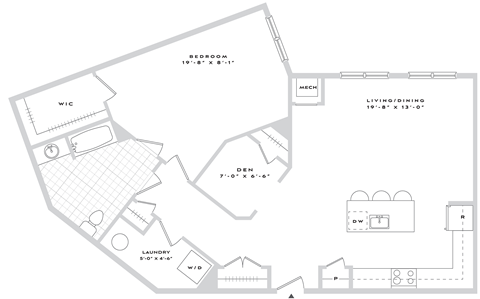 Floor plan for 1 bed, 1 bath, 1182 sqft