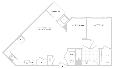 Floor plan for 1 bed, 1 bath, 1036 sqft