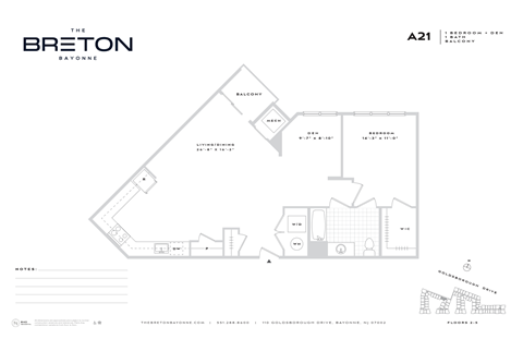 Floor plan for 1 bed, 1 bath, 1036 sqft