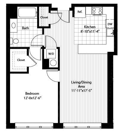 Floor plan for 1 bed, 1 bath, 754 sqft