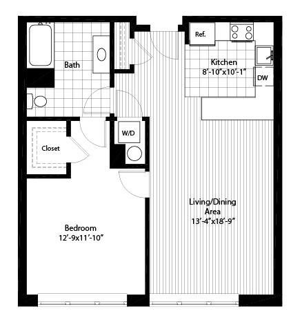 Floor plan for 1 bed, 1 bath, 803 sqft