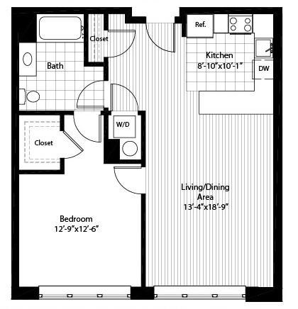 Floor plan for 1 bed, 1 bath, 802 sqft