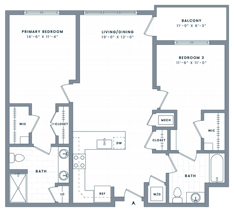 Floor plan for 2 beds, 2 baths, 1146 sqft